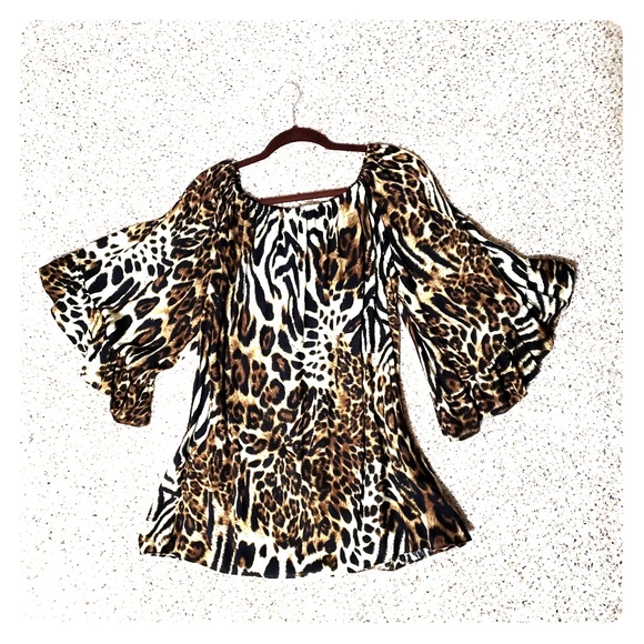 Gaudy Me Tops - 2/$15, Bell Sleeve Leopard Print Blouse